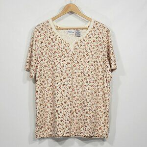 Bobbie Brooks  Cream & Burgundy Floral  Short Sleeve Blouse  Women's 14/16